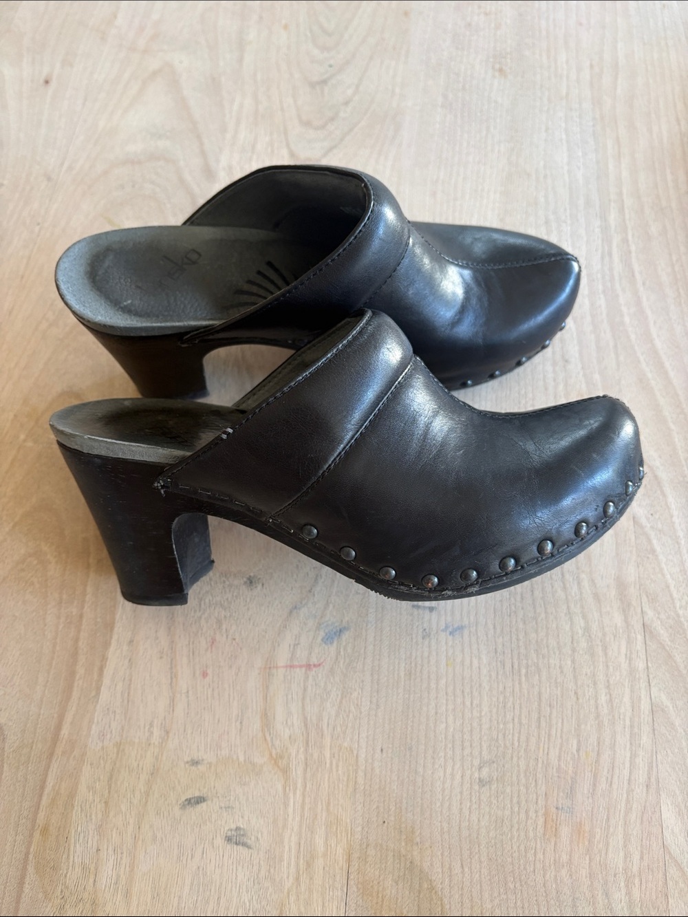 Dansko Black Leather Studded Clog Mules